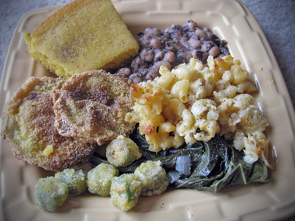 Southern Vegetable Plate - Fried okra, Collard Greens, Fried Green Tomatoes, Black Eyed Peas, Macaroni & Cheese