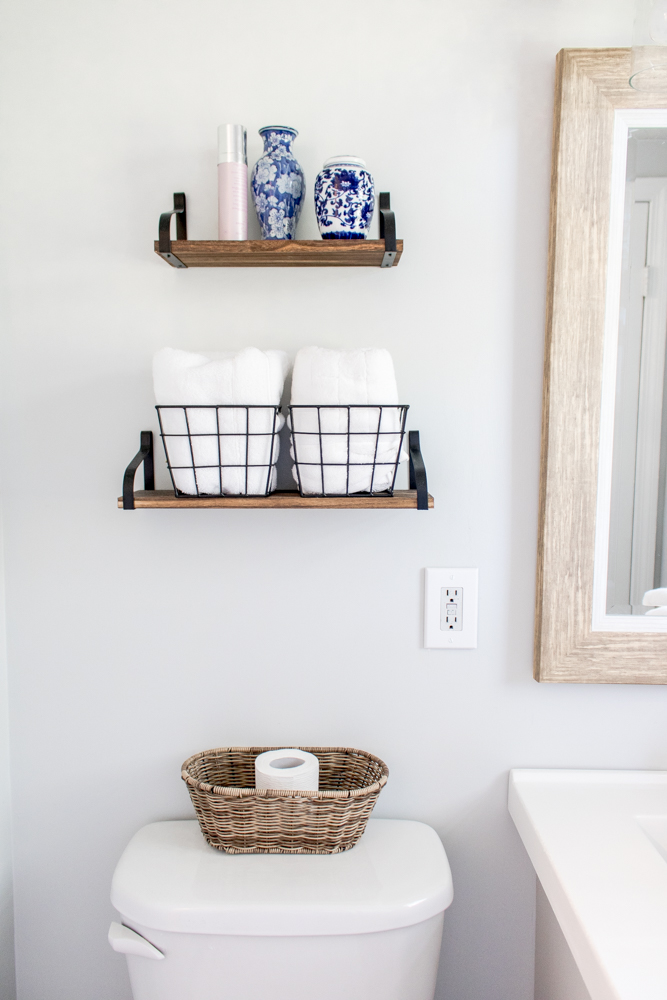 Small Bathroom Renovation Gray Paint Wire Baskets Floating Shelves