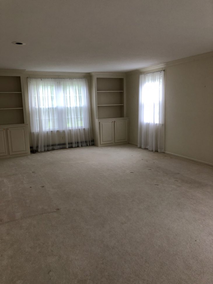 Living Room with old carpet before renovation