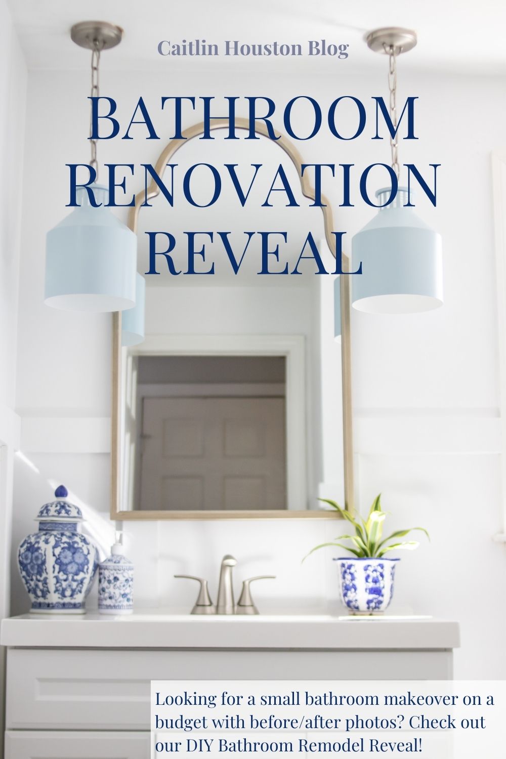 Bathroom Renovation Reveal - Small bathroom makeover on a budget with before/after photos - See a DIY Bathroom Remodel Reveal with Montauk Pendant Light Fixture in Light Blue, White Vanity, and more.